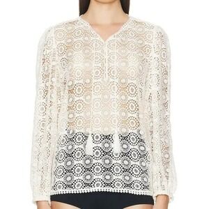 FRAME‎ Cream Crochet Lace Boho Long Sleeve Tassel V Neck Blouse Top M/M